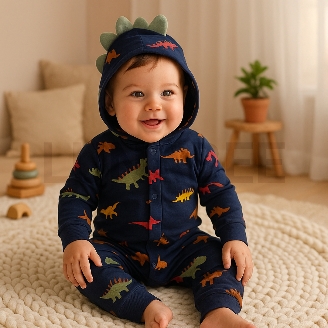 NAVY BLUE DINOSAUR HOODED ROMPER