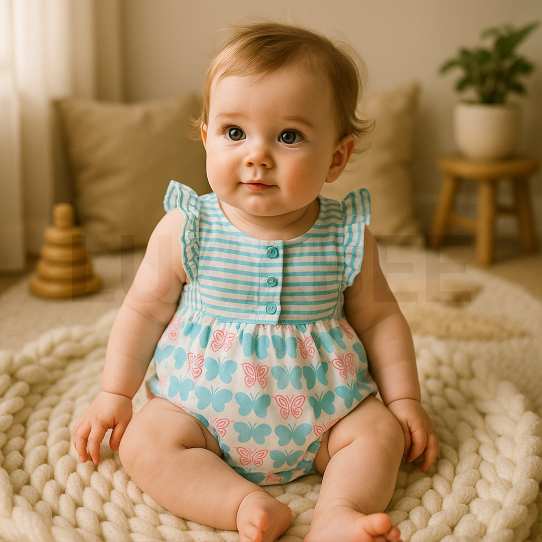 BLUE BUTTERFLY PRINTED FANCY ONESIE
