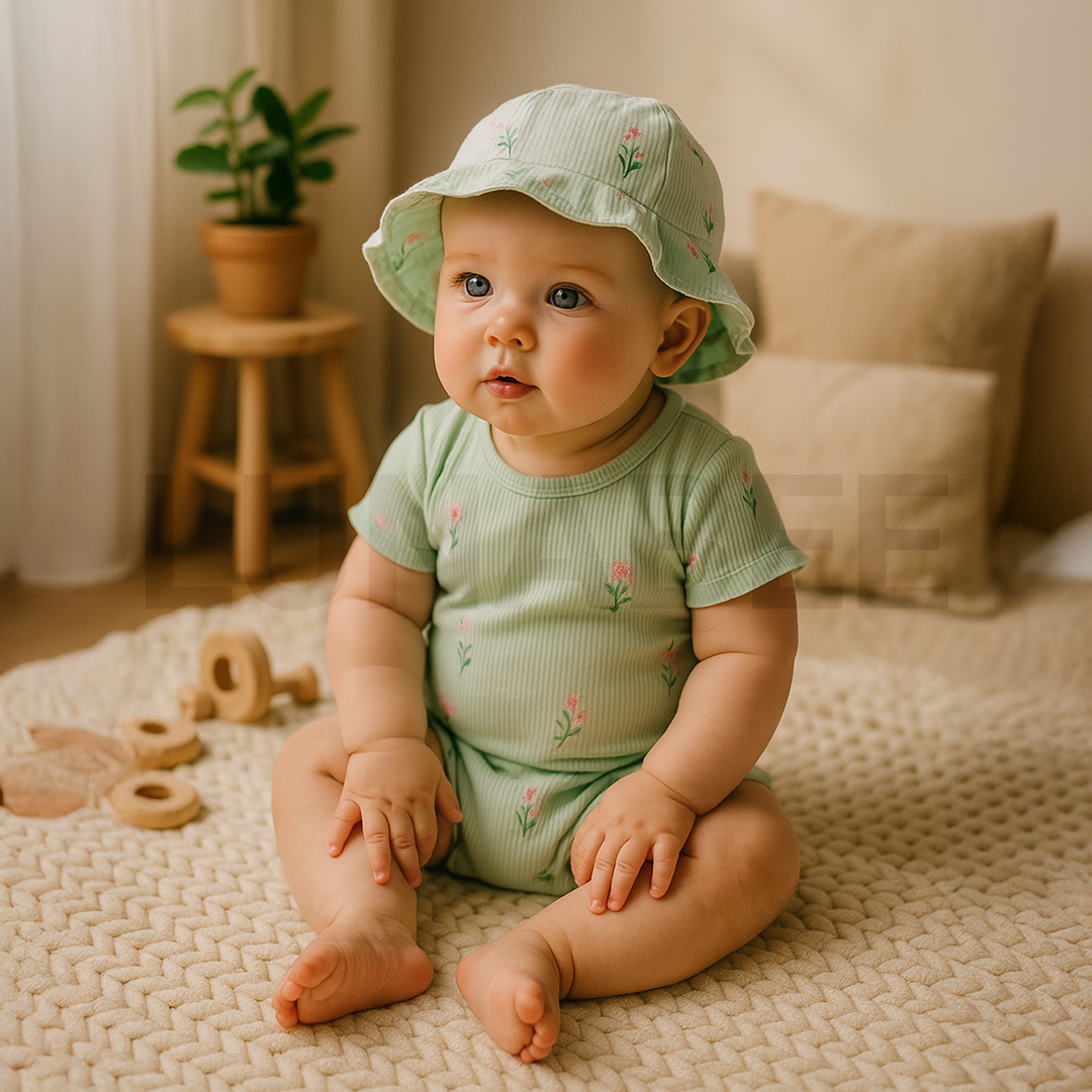MINT GREEN RIBBED FLORAL ROUND CAP