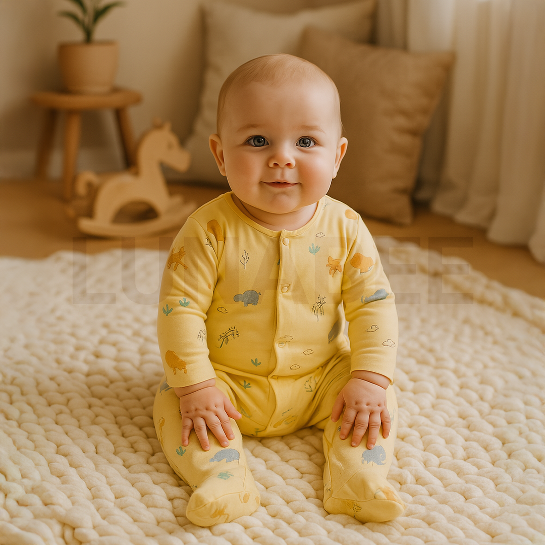 YELLOW ANIMAL PRINTED SLEEPSUIT