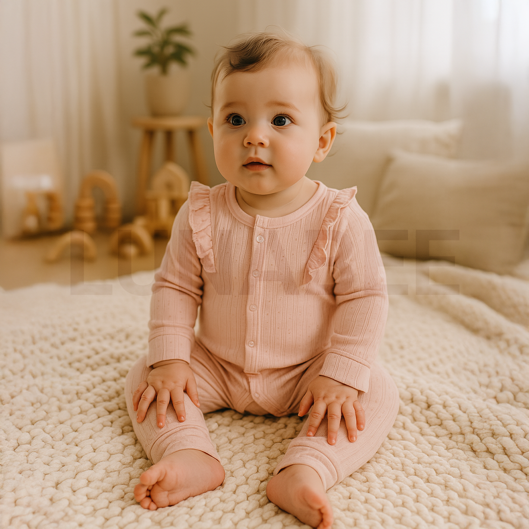 PREMIUM POWDER PINK POINTELLAE RUFFLE ROMPER