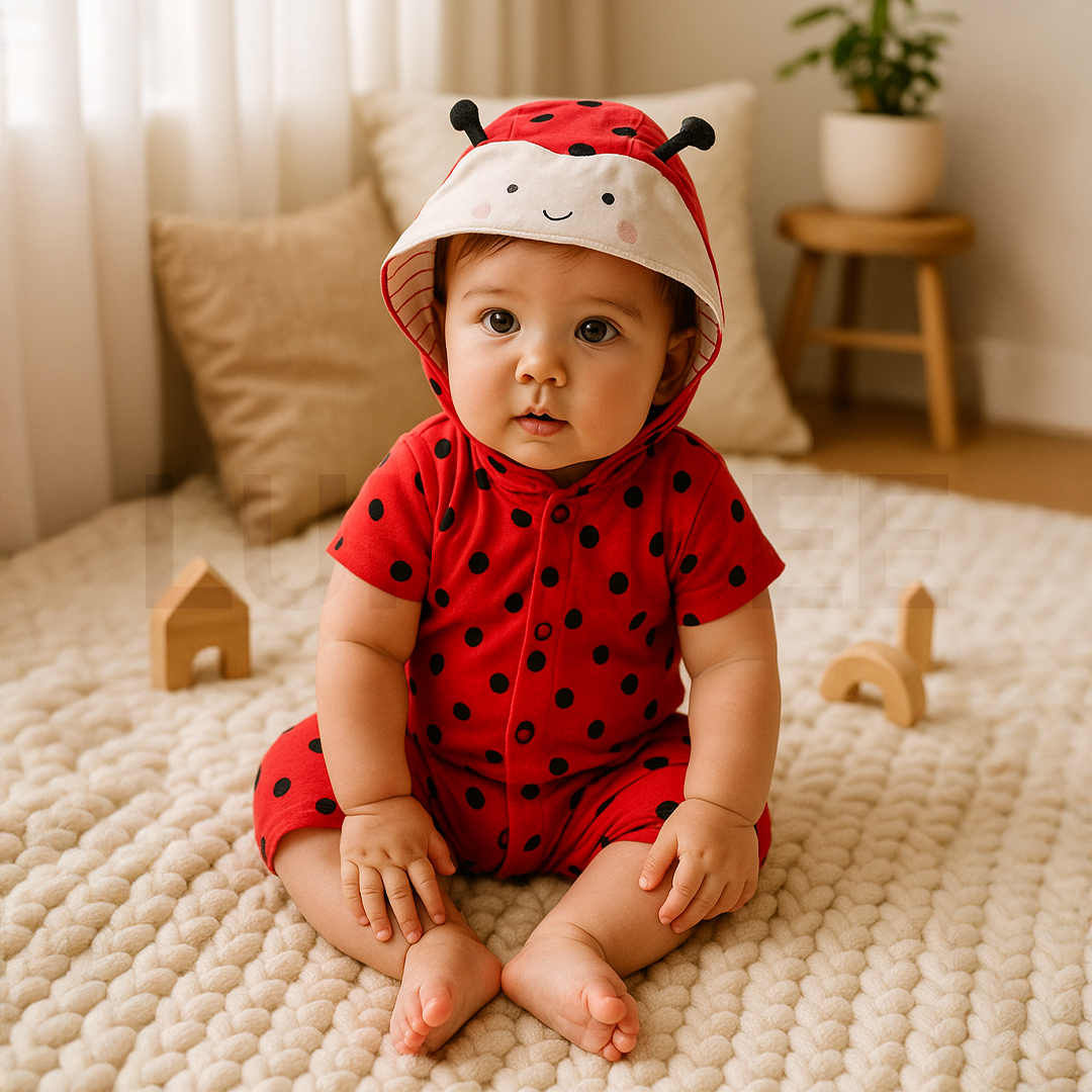RED POLKA DOTTED HOODED JUMPSUIT