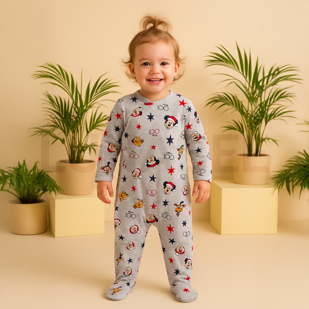 GREY CHRISTMAS DISNEY PRINT SLEEPSUIT
