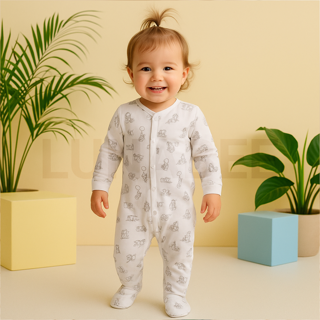 DISNEY BABYBLACK AND WHITE PRINTED SLEEPSUIT